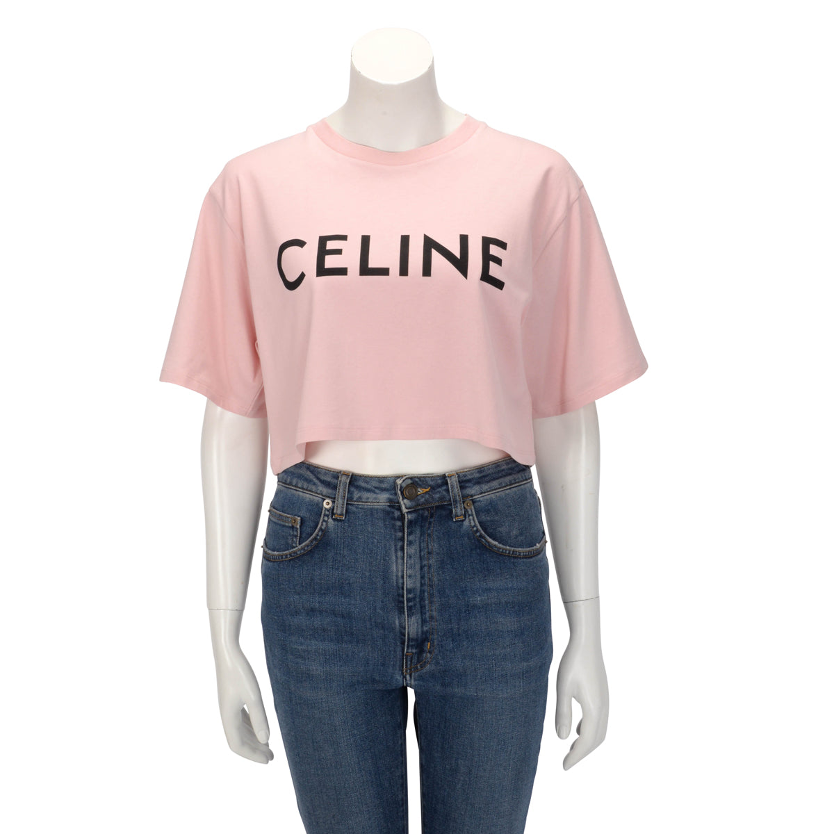 Celine Pink Cotton Logo Cropped T-Shirt M