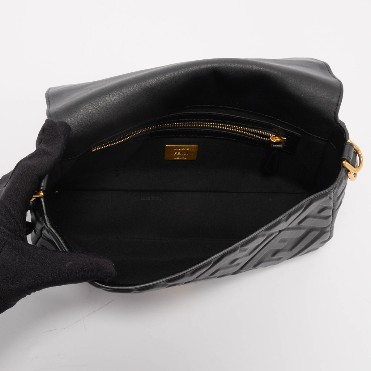 Fendi Black Nappa FF Embossed Baguette Bag
