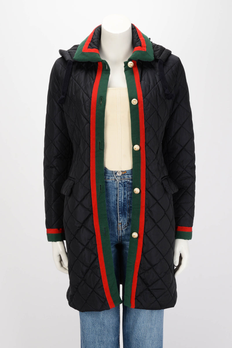 Gucci Navy Quilted Web Trim Long Puffer Jacket IT 42