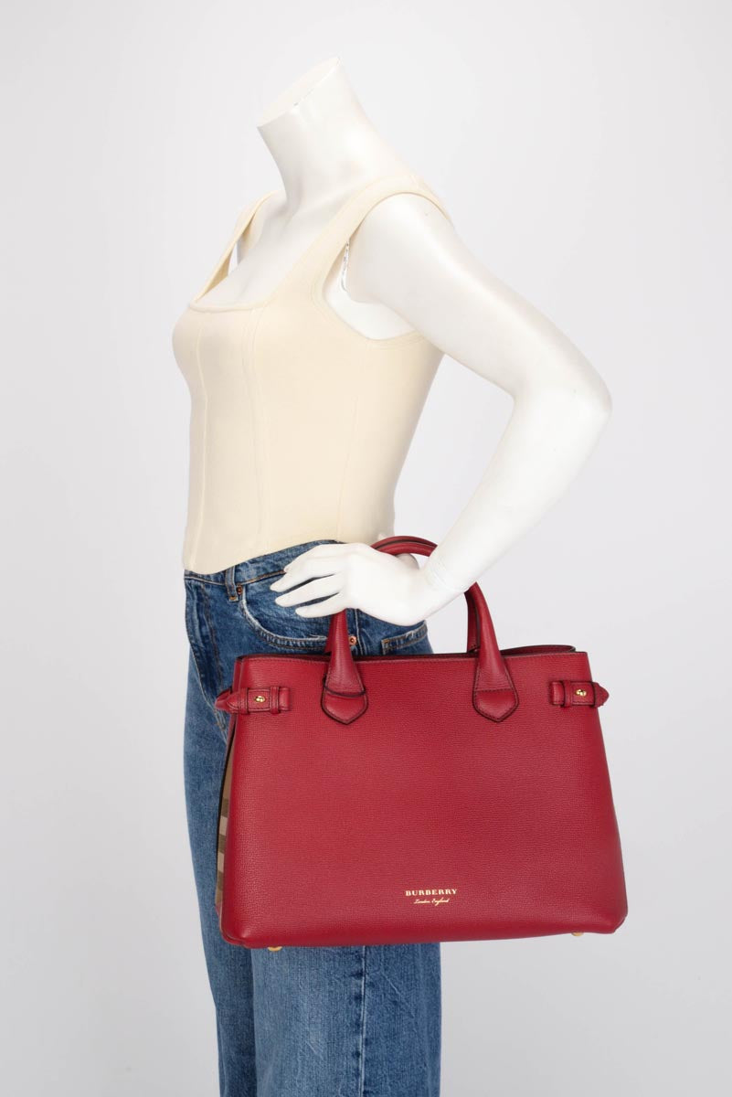 Burberry Red Derby Leather House Check Medium Banner Tote