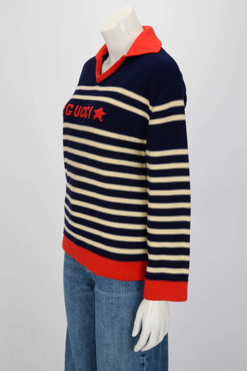 Gucci Red & Blue Striped Cotton Sailor Collar Sweater XS