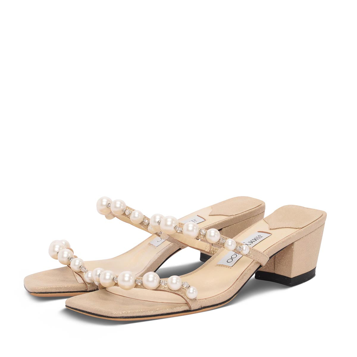 Jimmy Choo Gold Shimmer Suede Pearl Embellished Amara Sandals 38