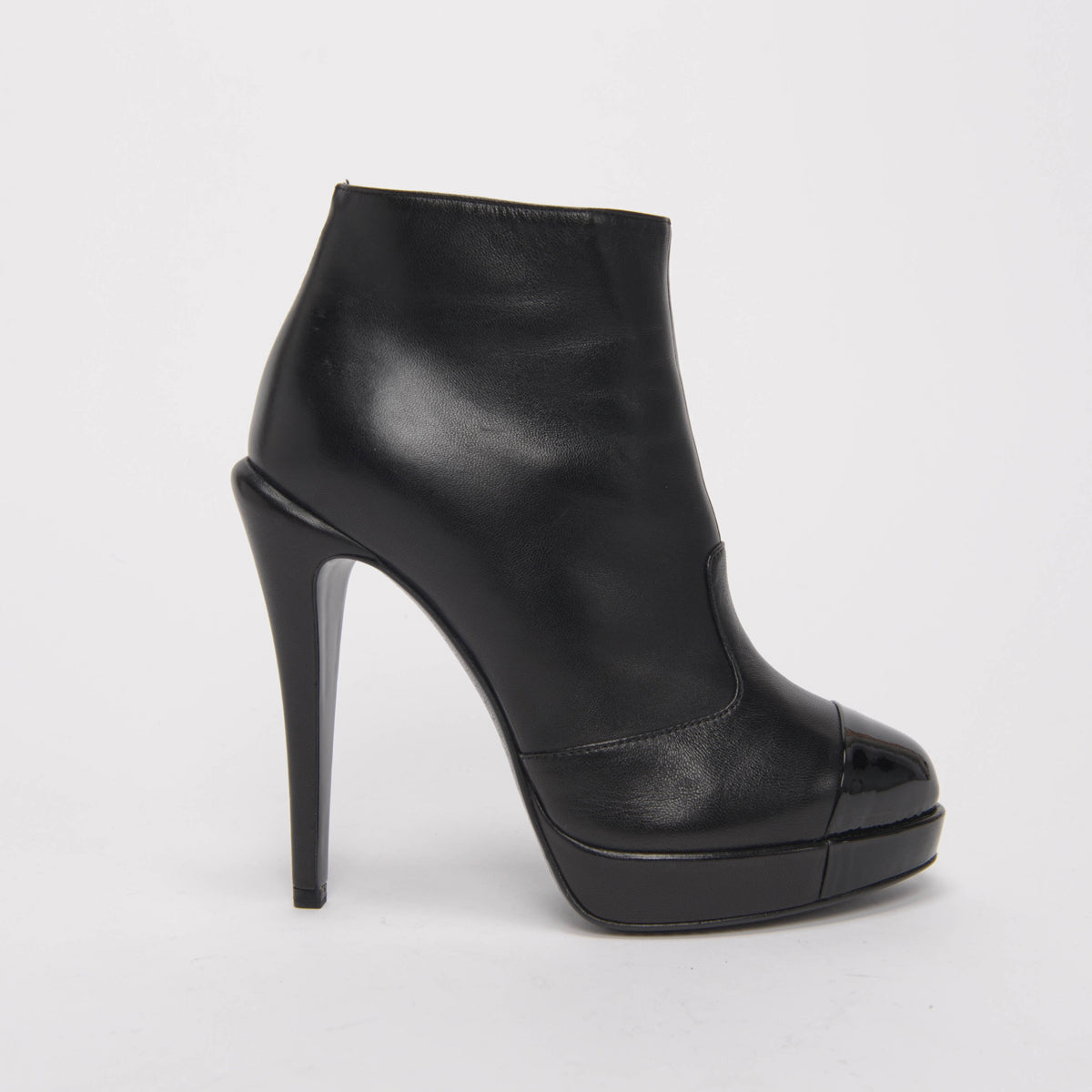 Chanel Black Lambskin Patent Cap Toe Boots 36