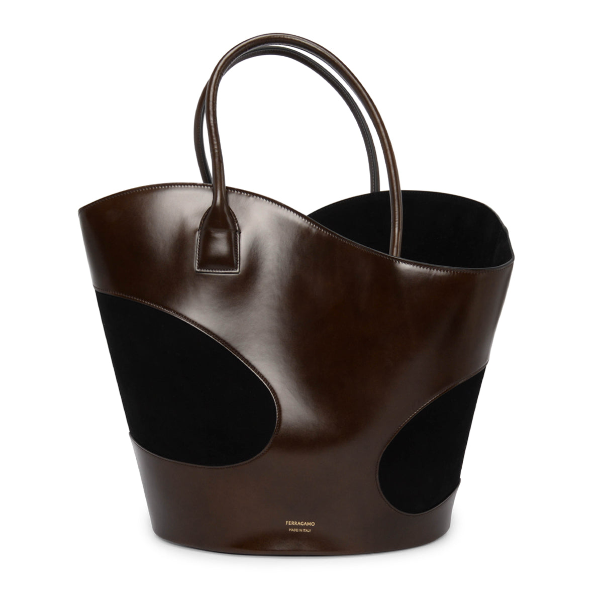 Ferragamo Brown & Black Calfskin & Suede Large Cut-Out Tote