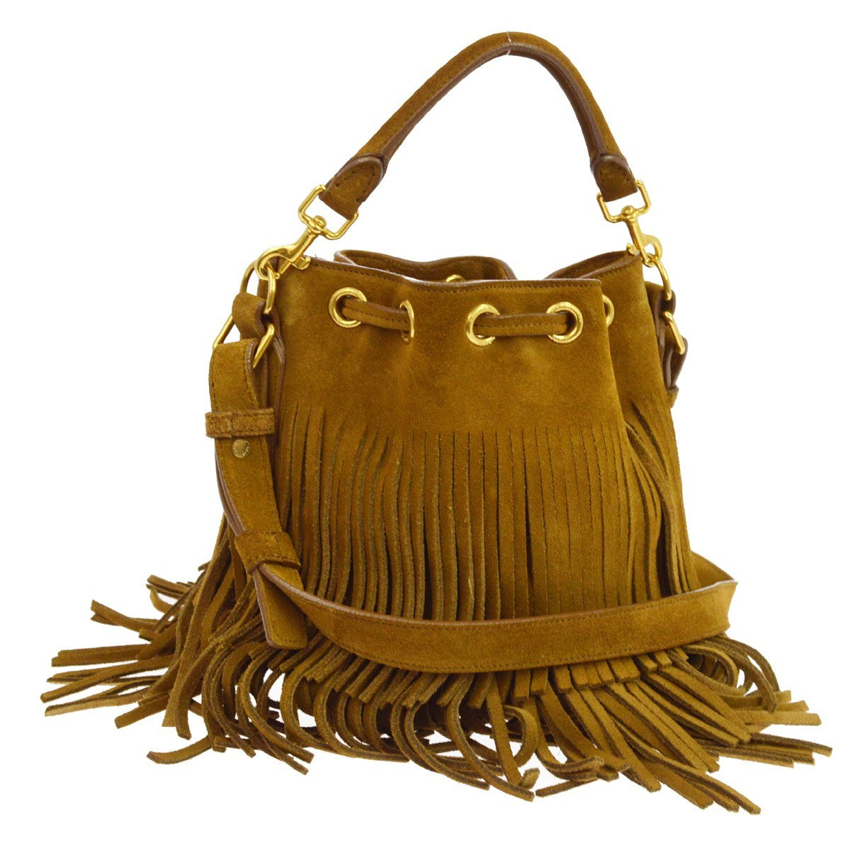 Saint Laurent Tan Suede Fringed Emmanuelle Bucket Bag