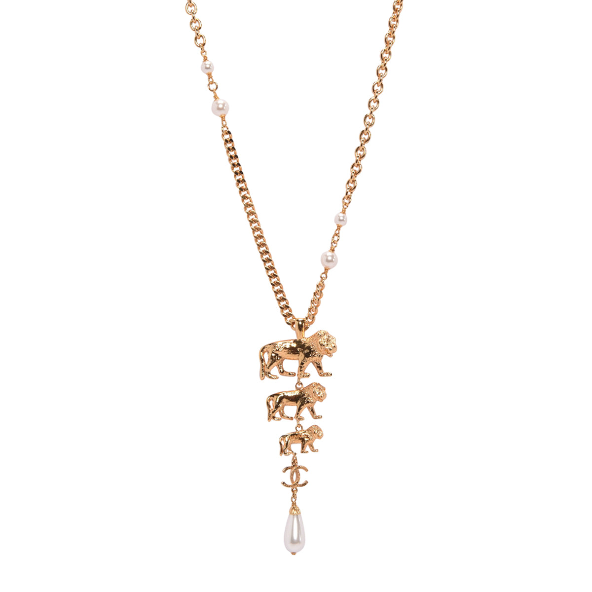 Chanel Gold Pearl 3 Lions CC Necklace