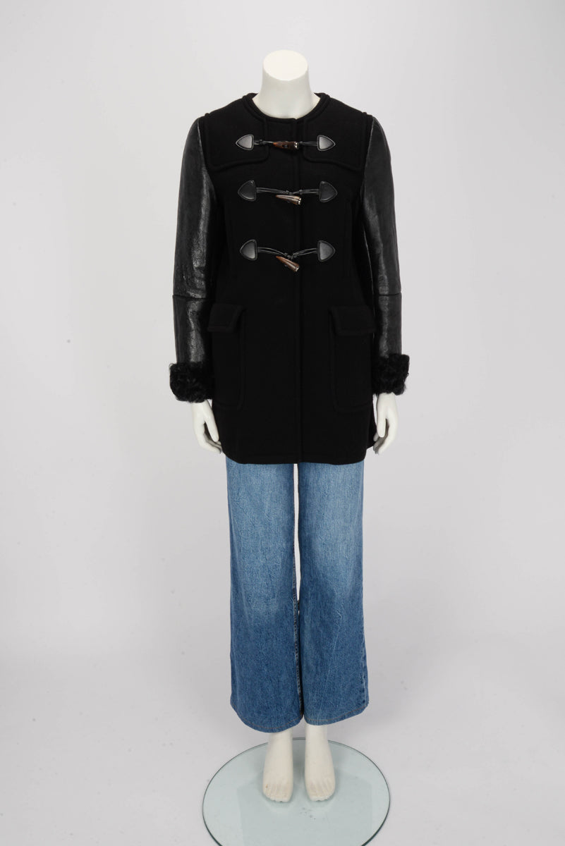 Miu Miu Black Wool Melton Leather Trim Duffle Coat