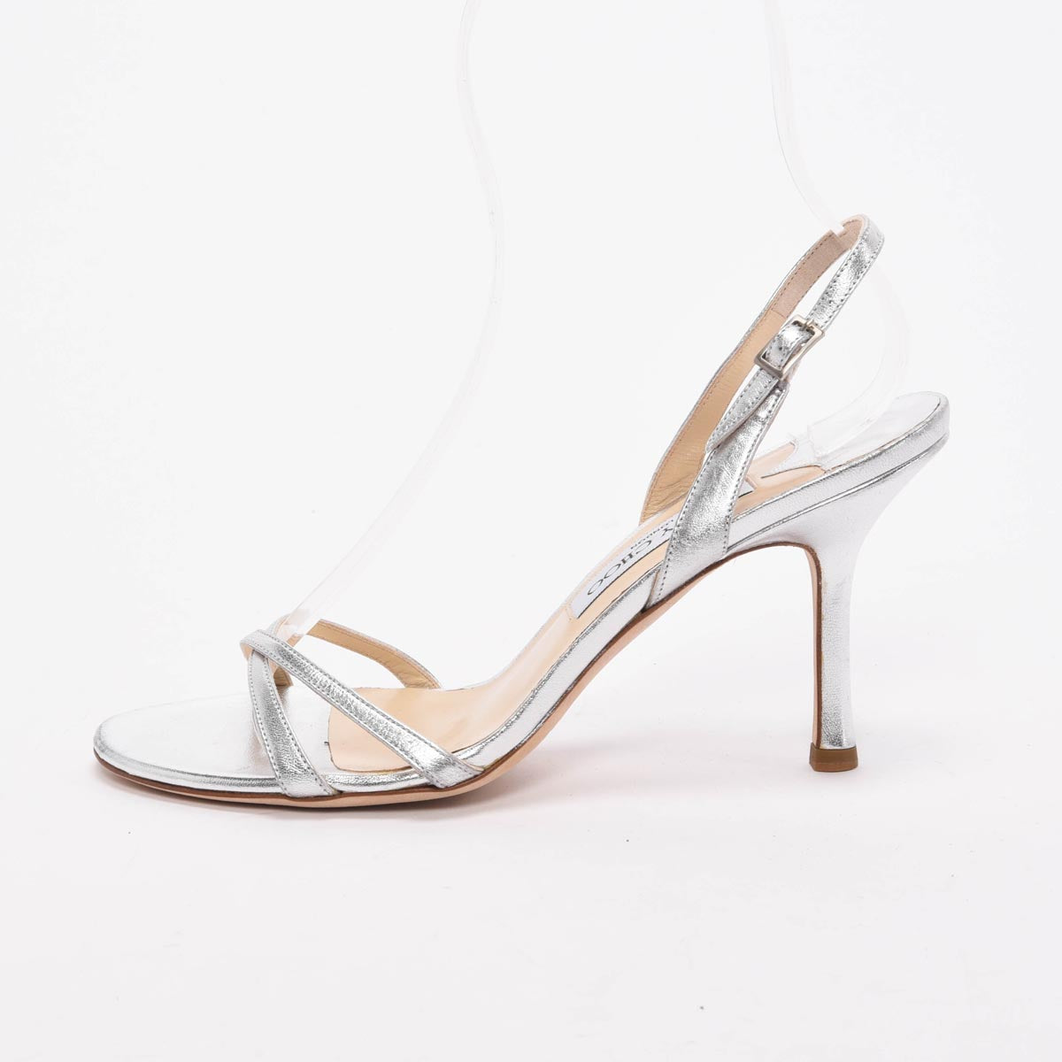 Jimmy Choo Silver Metallic Leather Strappy Sandals 38.5