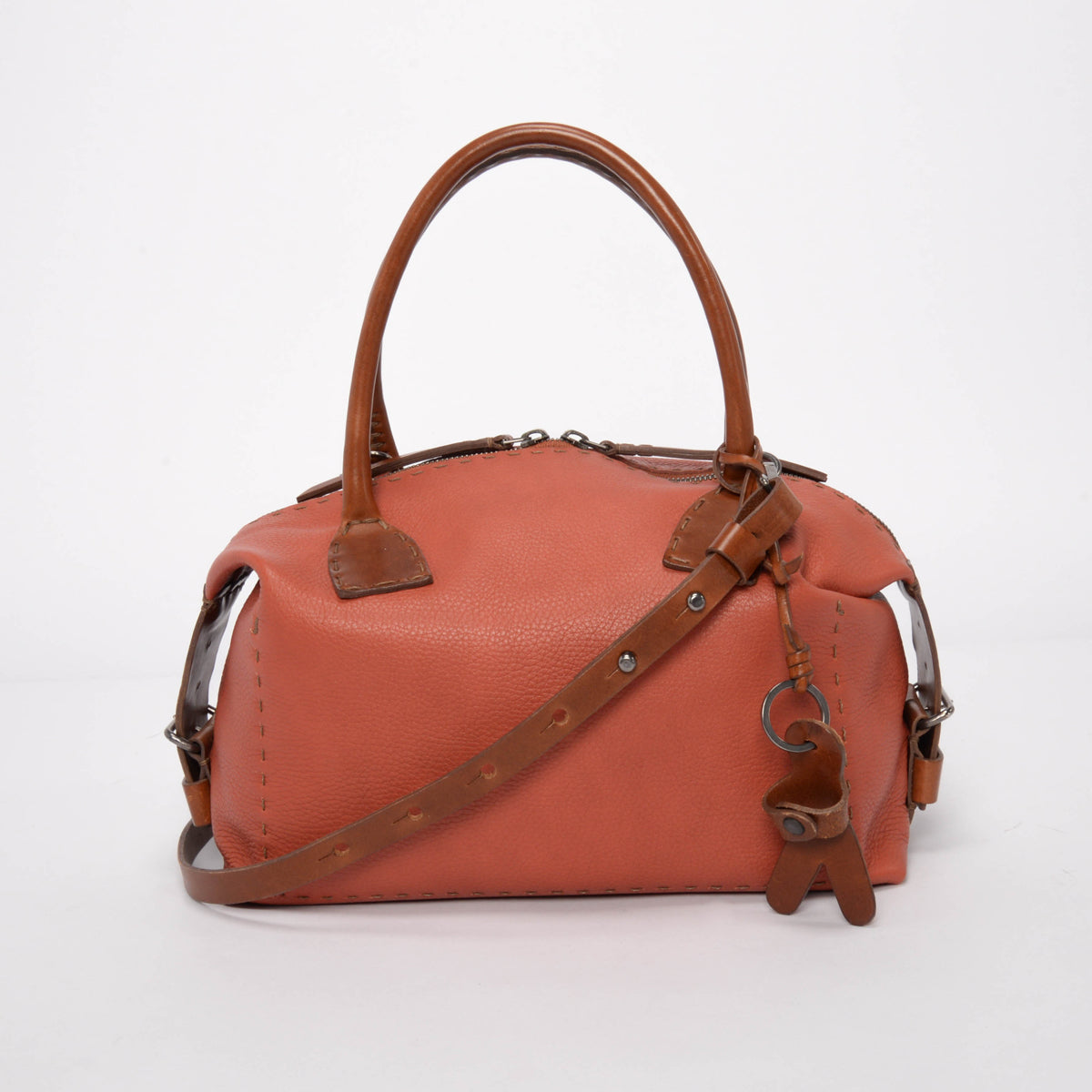 Henry Beguelin Brick and Tan Calfskin Top Stitched Shoulder Bag