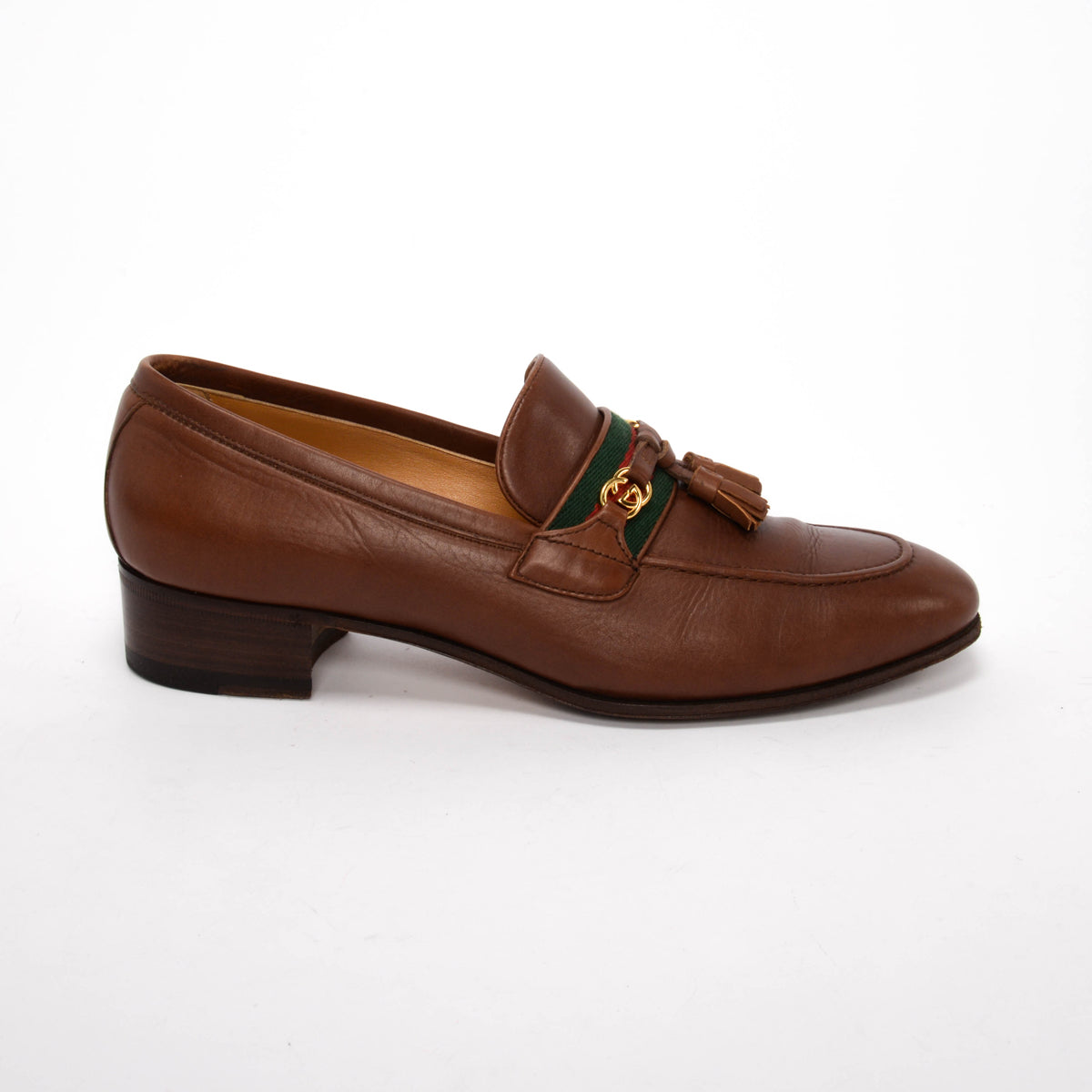 Gucci Brown Leather Paride Web Stripe Loafers 39.5