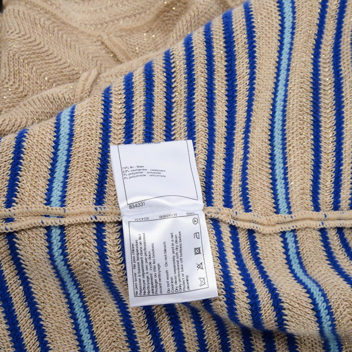Chanel Beige & Blue Metallic Knit Striped Cardigan FR 48
