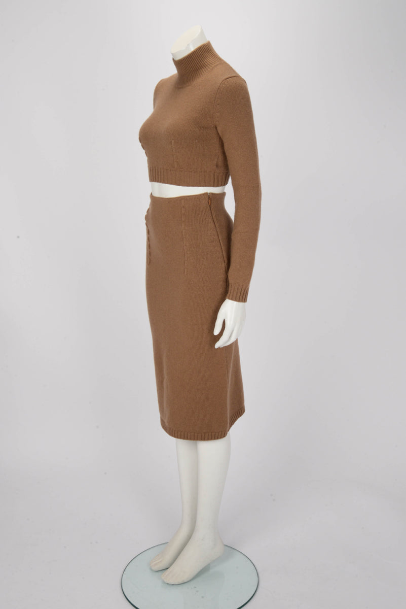 Fendi Brown Cashmere Karligraphy Embossed Cropped Sweater Set