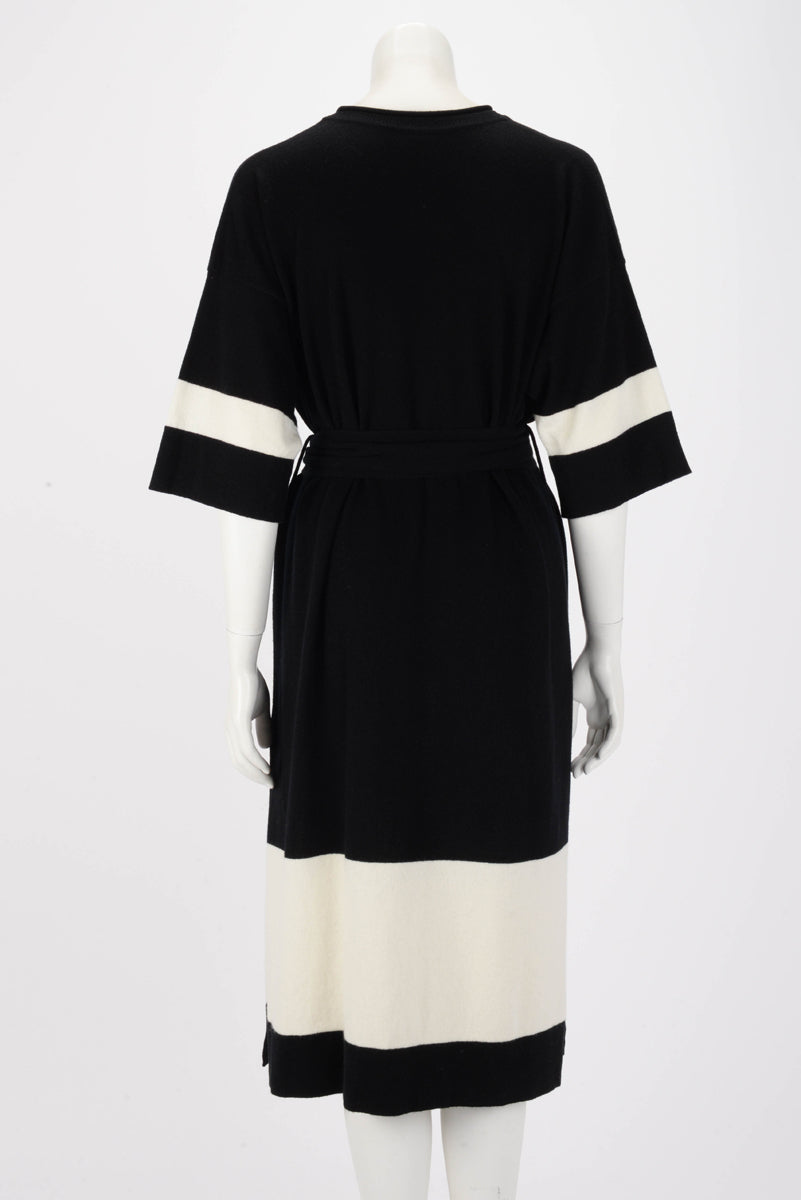 Hermes Black & White Cashmere Belted Midi Dress FR 38