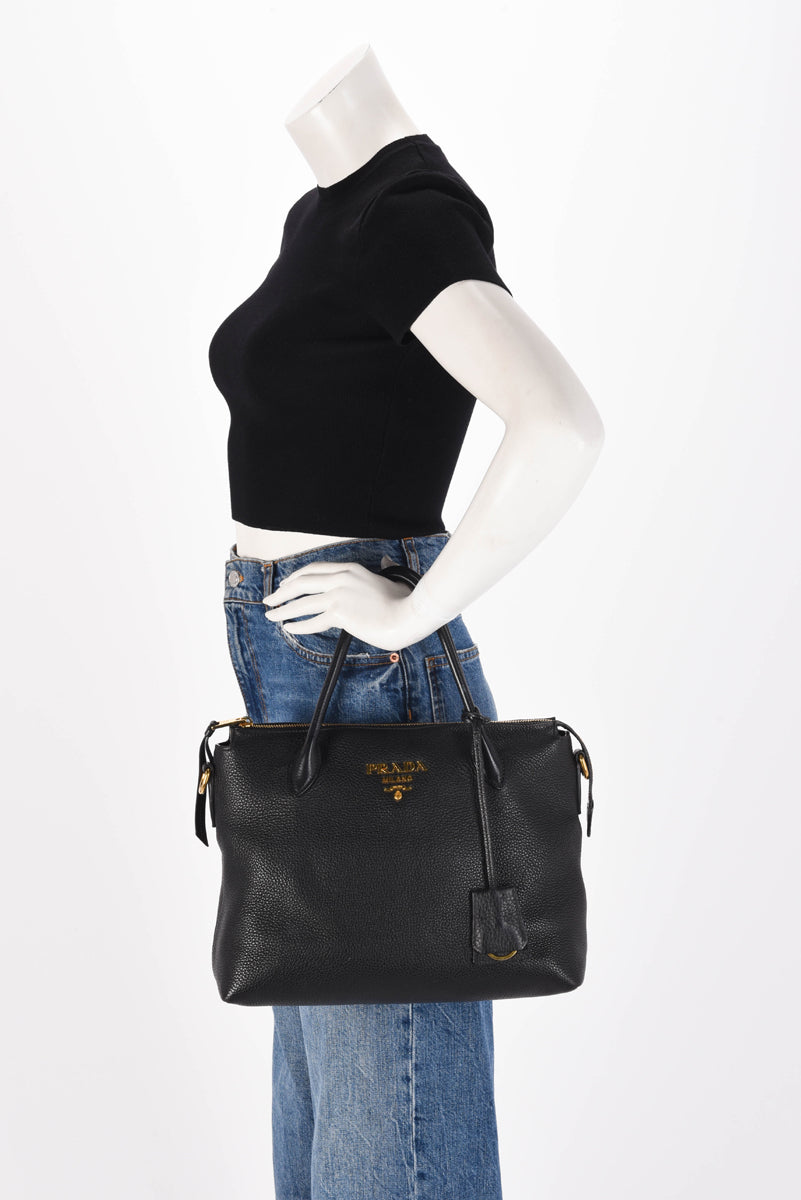 Prada Black Vitello Daino Top Handle Shoulder Bag
