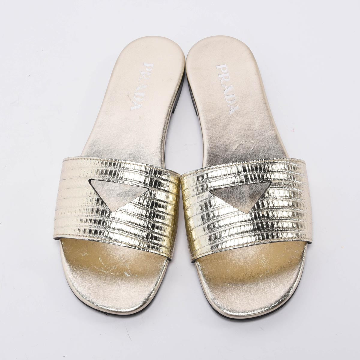 Prada Light Gold Lizard St Tejus Slides 40