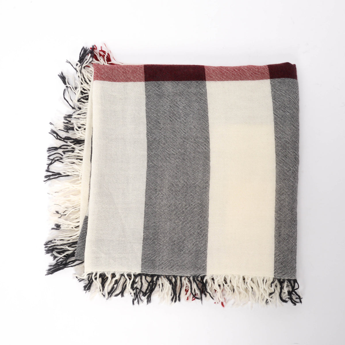 Burberry White Wool Crepe Check Fringed Scarf