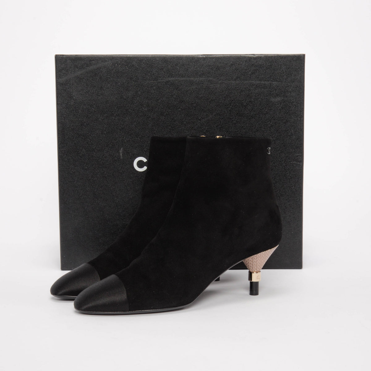 Chanel Black Suede & Satin Cap Toe Short Boots 38.5