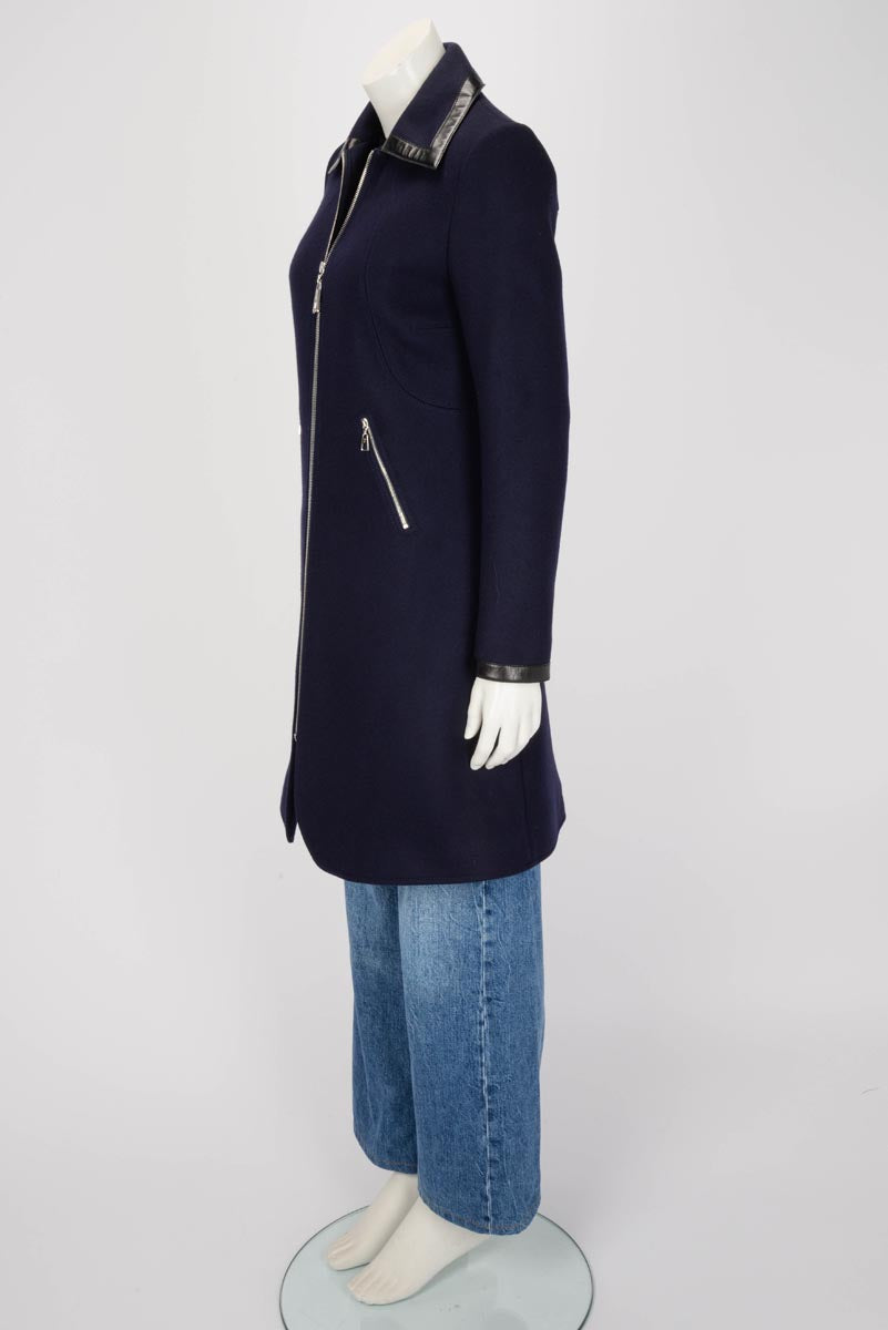 Louis Vuitton Navy Wool Lambskin Detail Zipped Coat FR 36