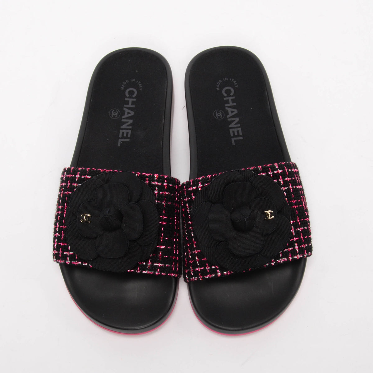 Chanel Black & Pink Tweed Camellia Slides 37