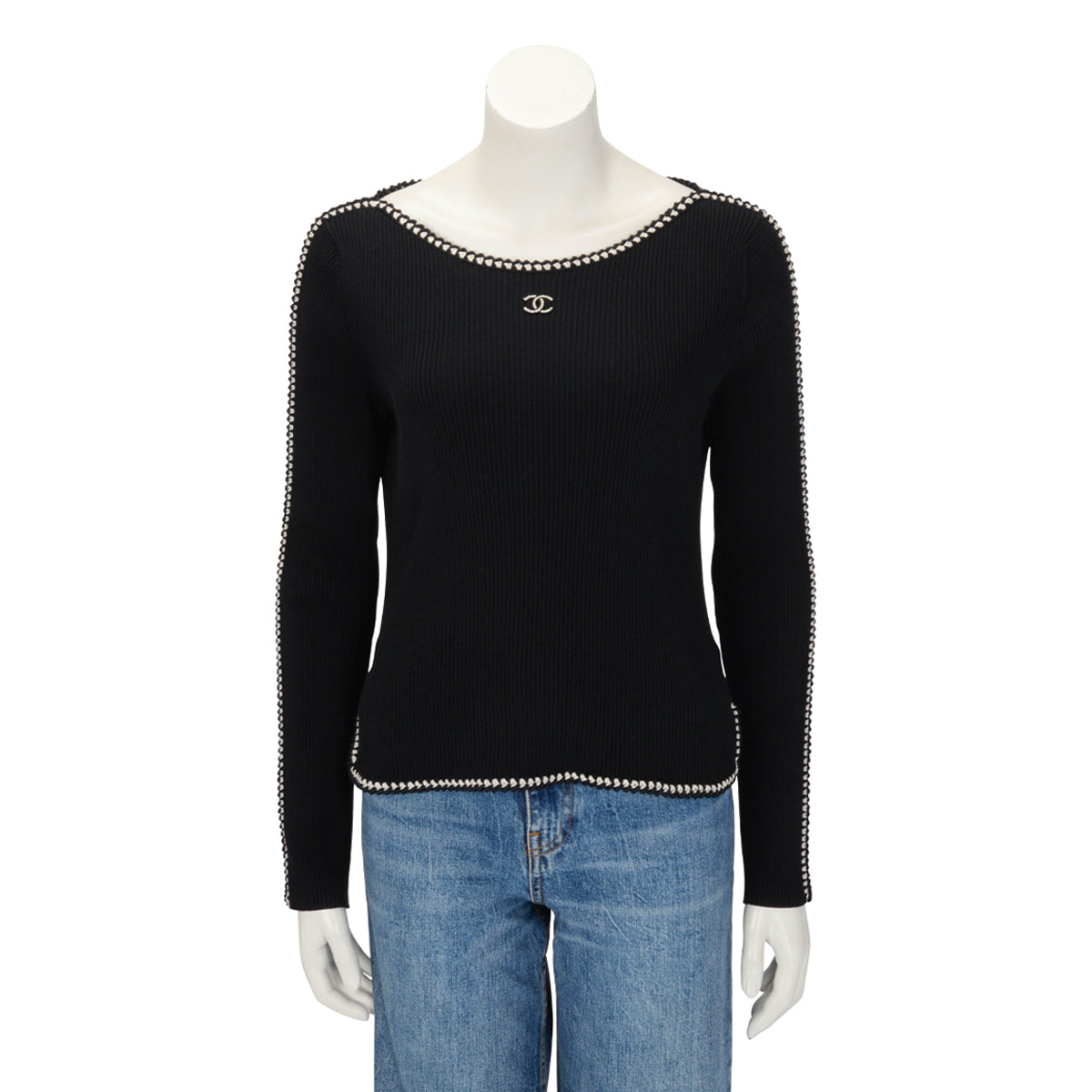 Chanel Black Knit CC Braided Trim Long Sleeve Top FR 44