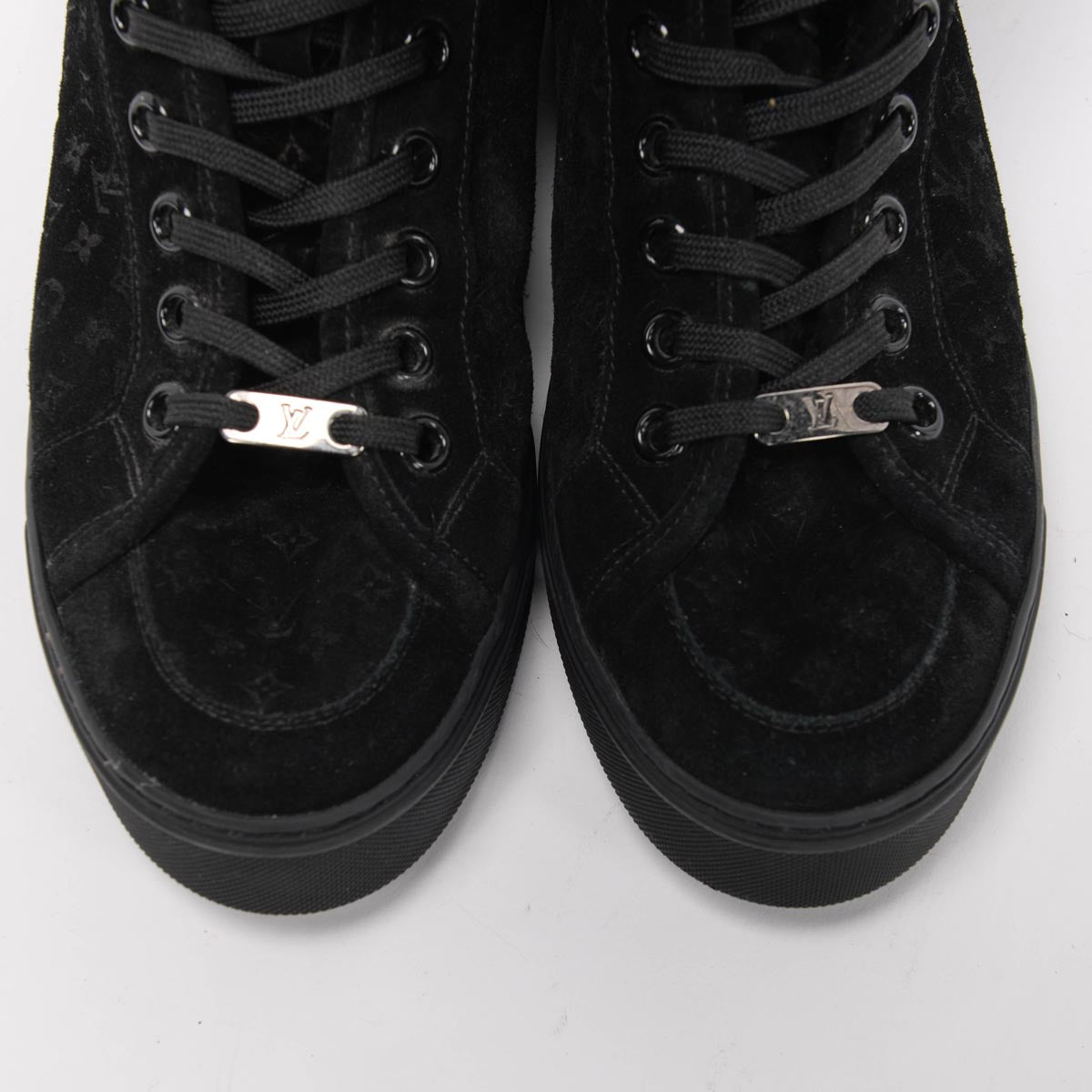Louis Vuitton Black Monogram Suede & Fur Fold Over Sneakers 41