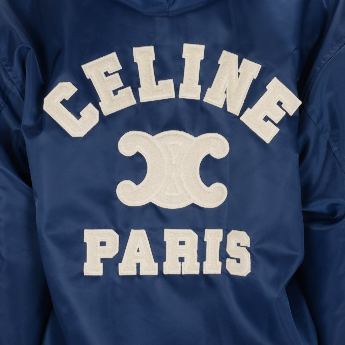 Celine Dark Blue Nylon Hooded Teddy Triomphe Jacket FR 38
