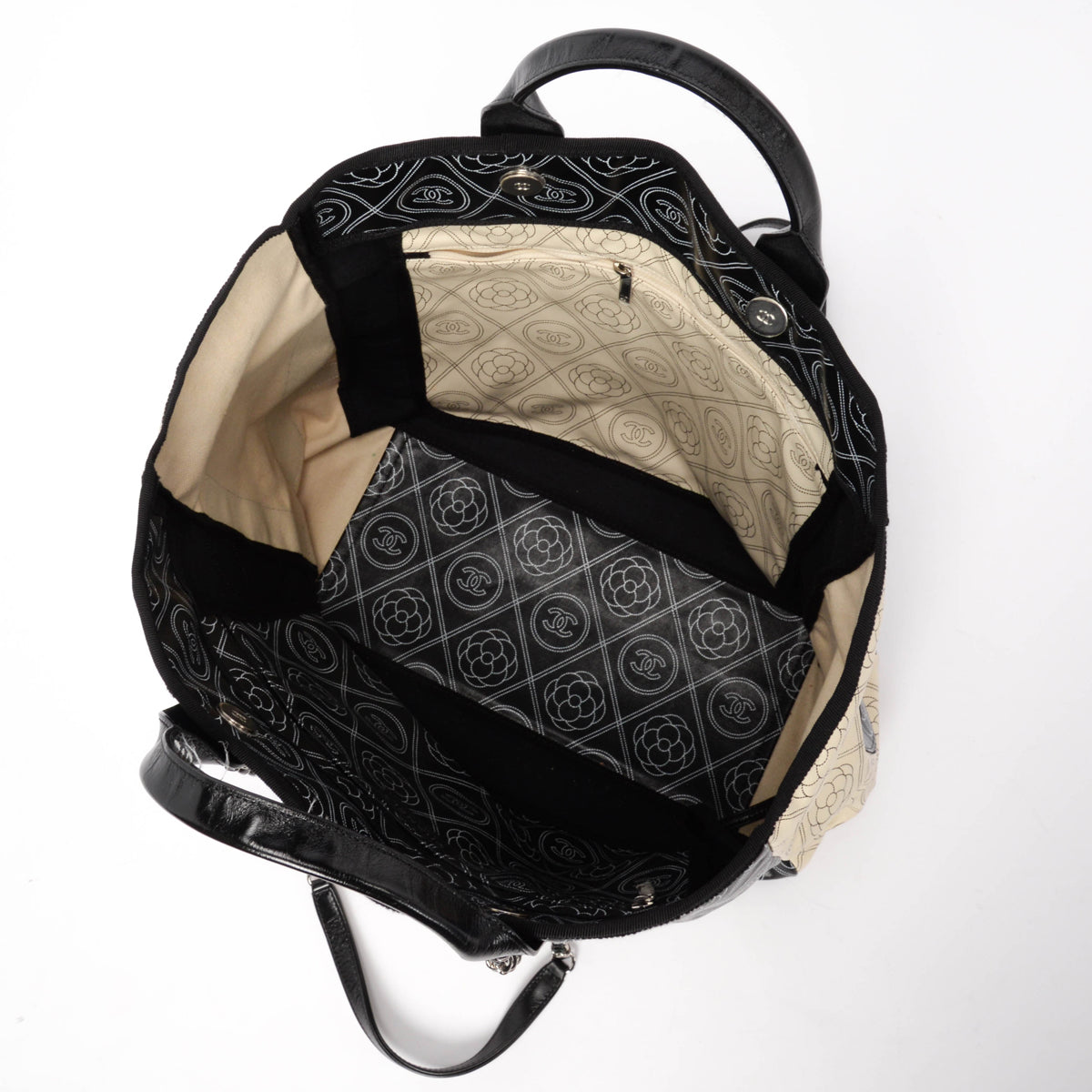 Chanel Black & Ivory Coated Canvas Camellia Tote