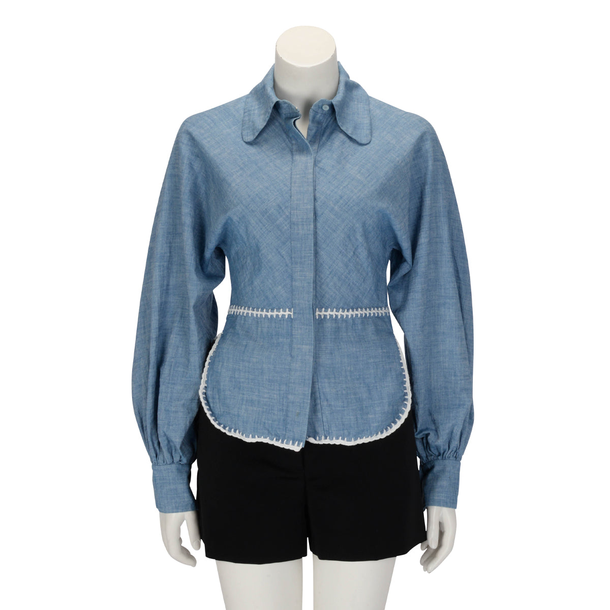 Chloe Chambray Cotton Crochet Trim Shirt  FR 34