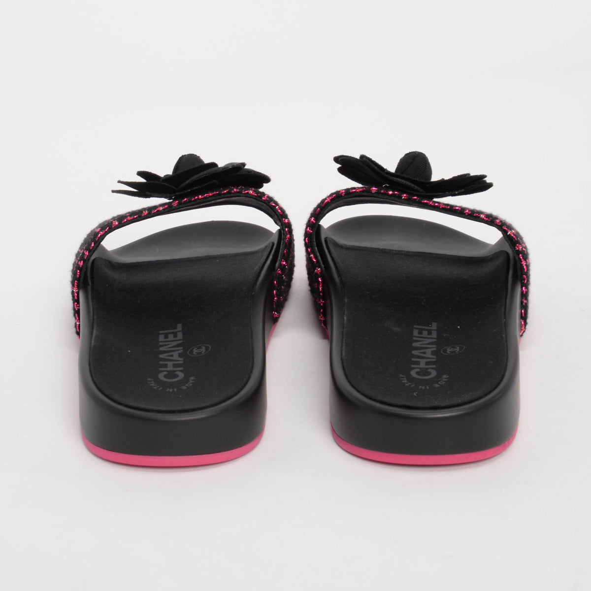 Chanel Black & Pink Tweed Camellia Slides 37