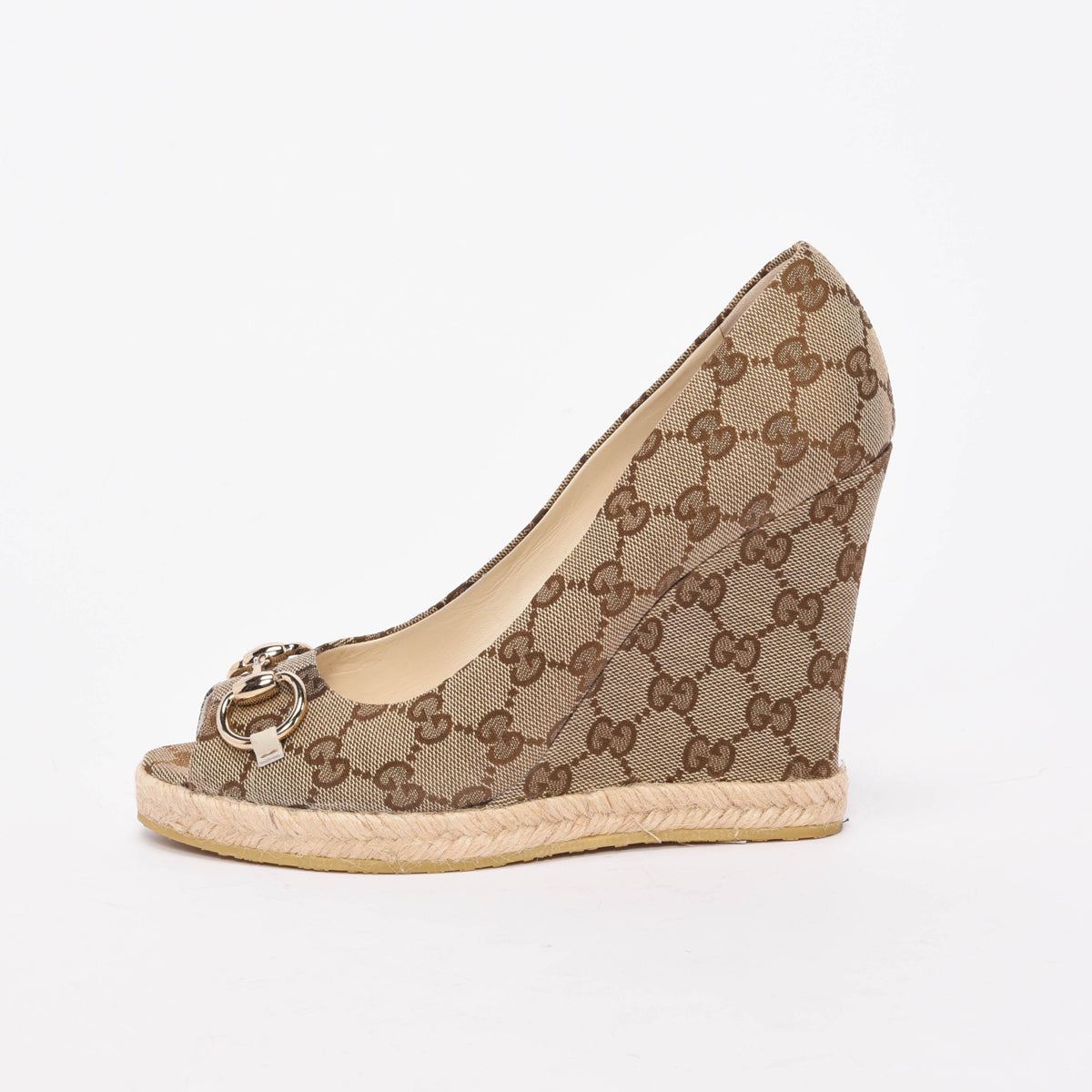 Gucci Beige GG Canvas Horsebit Espadrille Wedges