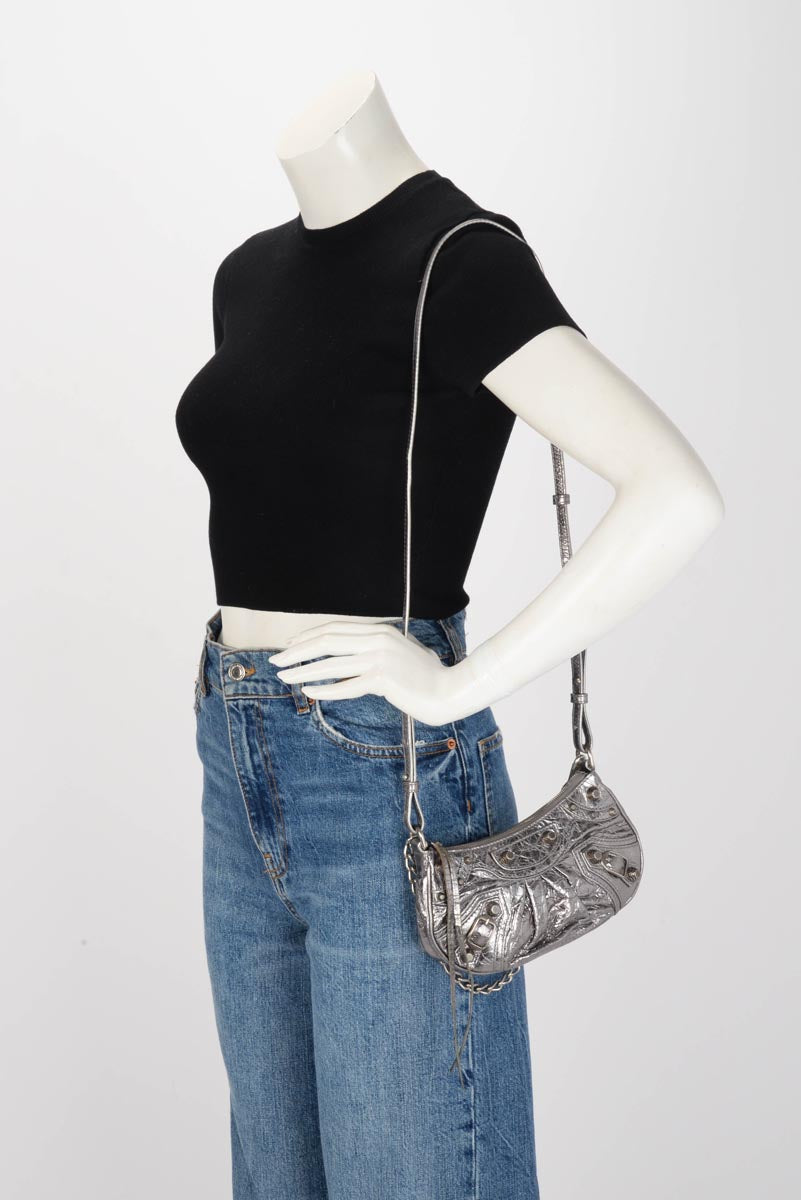 Balenciaga Silver Metallic Lambskin Le Cagole Mini Bag with Chain