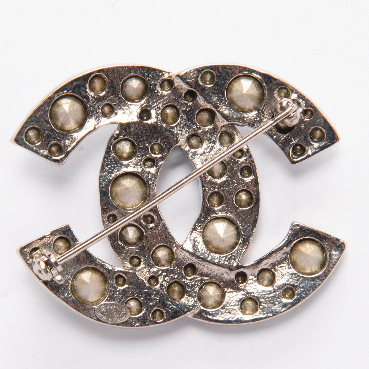 Chanel Silver Crystal Embellished CC Brooch