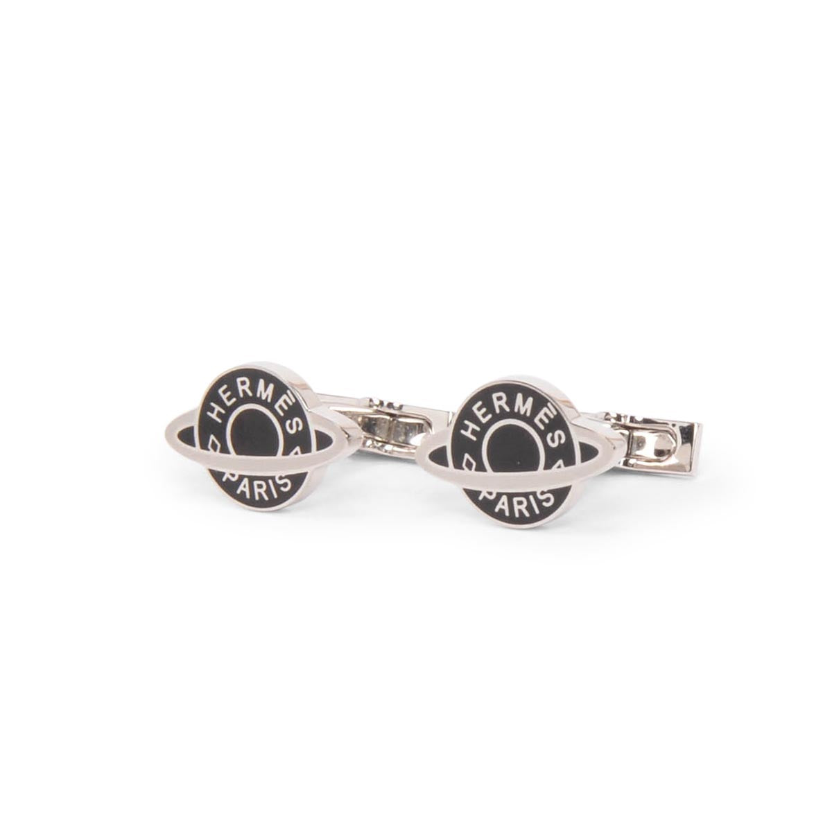 Hermes Black Enamel & Palladium Planete H Cufflinks