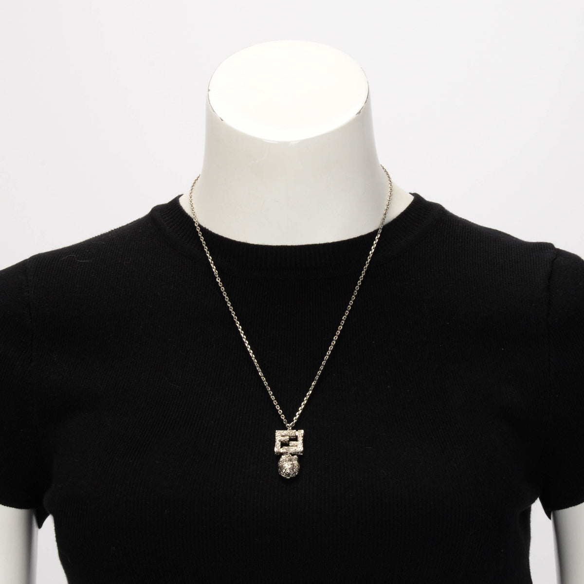Fendi Silver Hammered Metal FF Drop Pendant Necklace