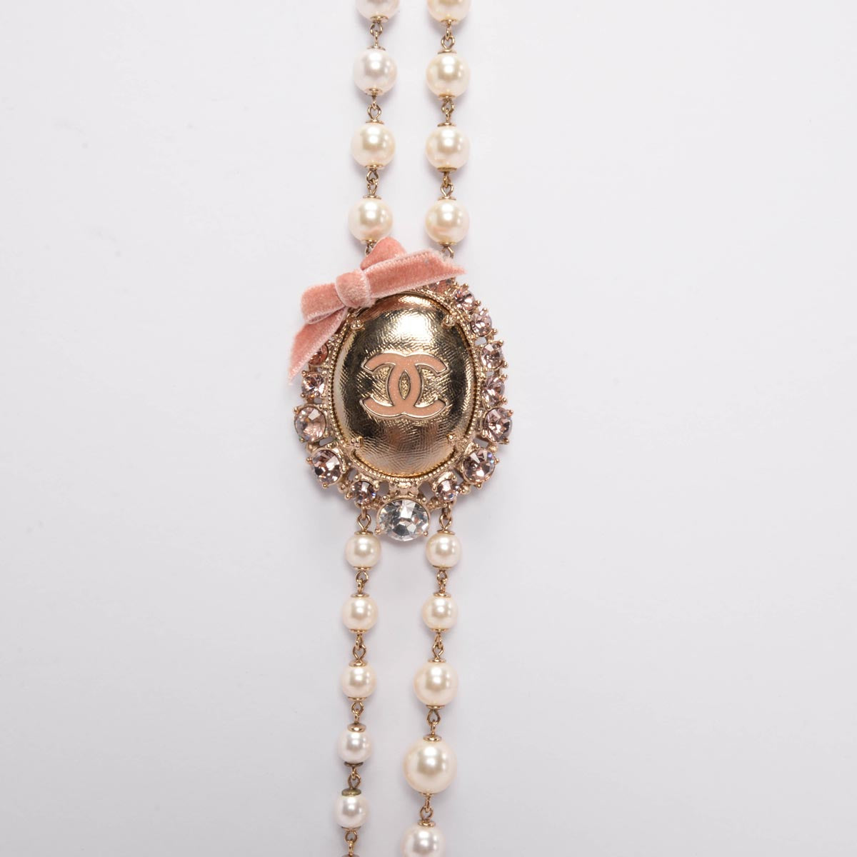 Chanel Light Gold Pearl CC Cameo Long Necklace