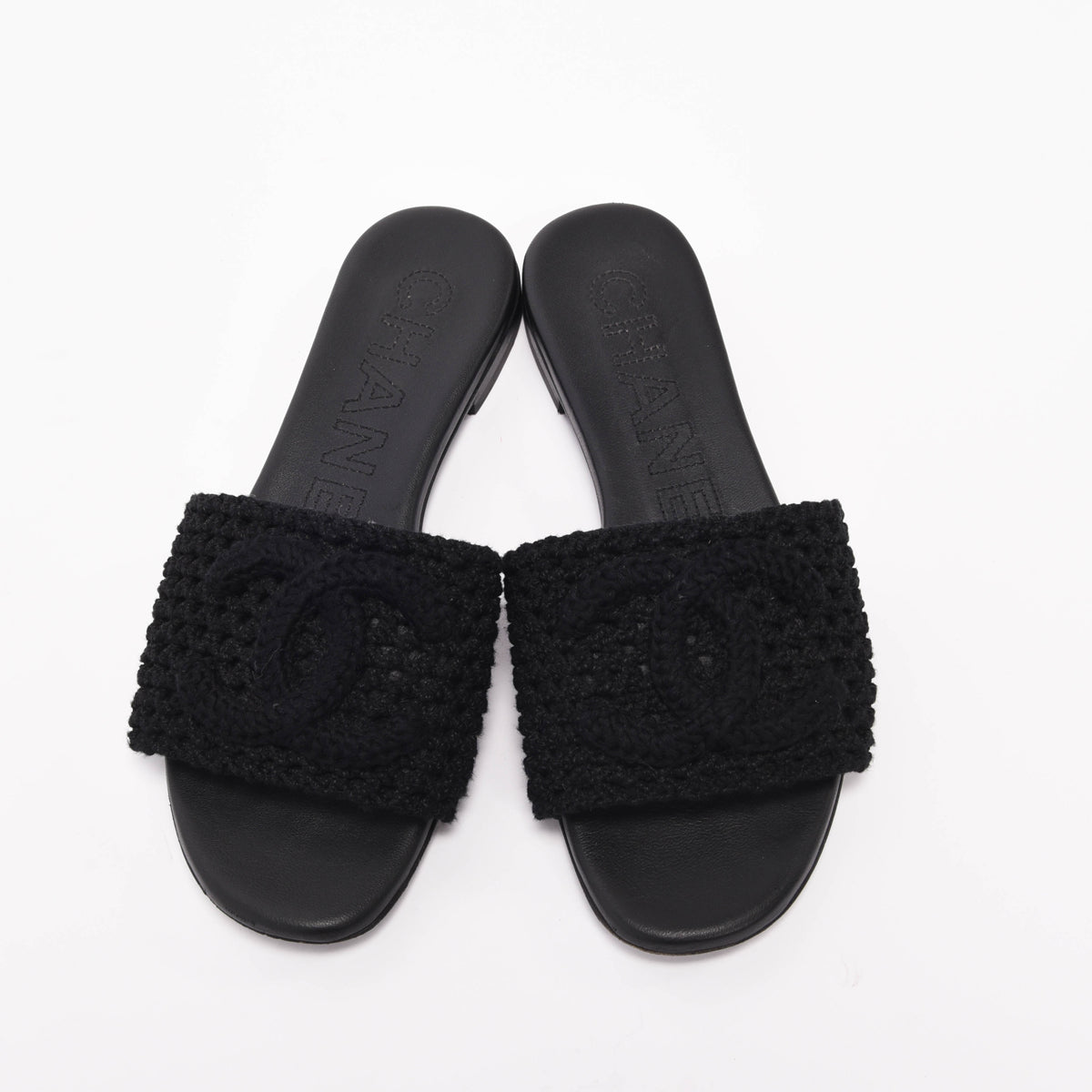 Chanel Black Crochet Knit CC Slides 35