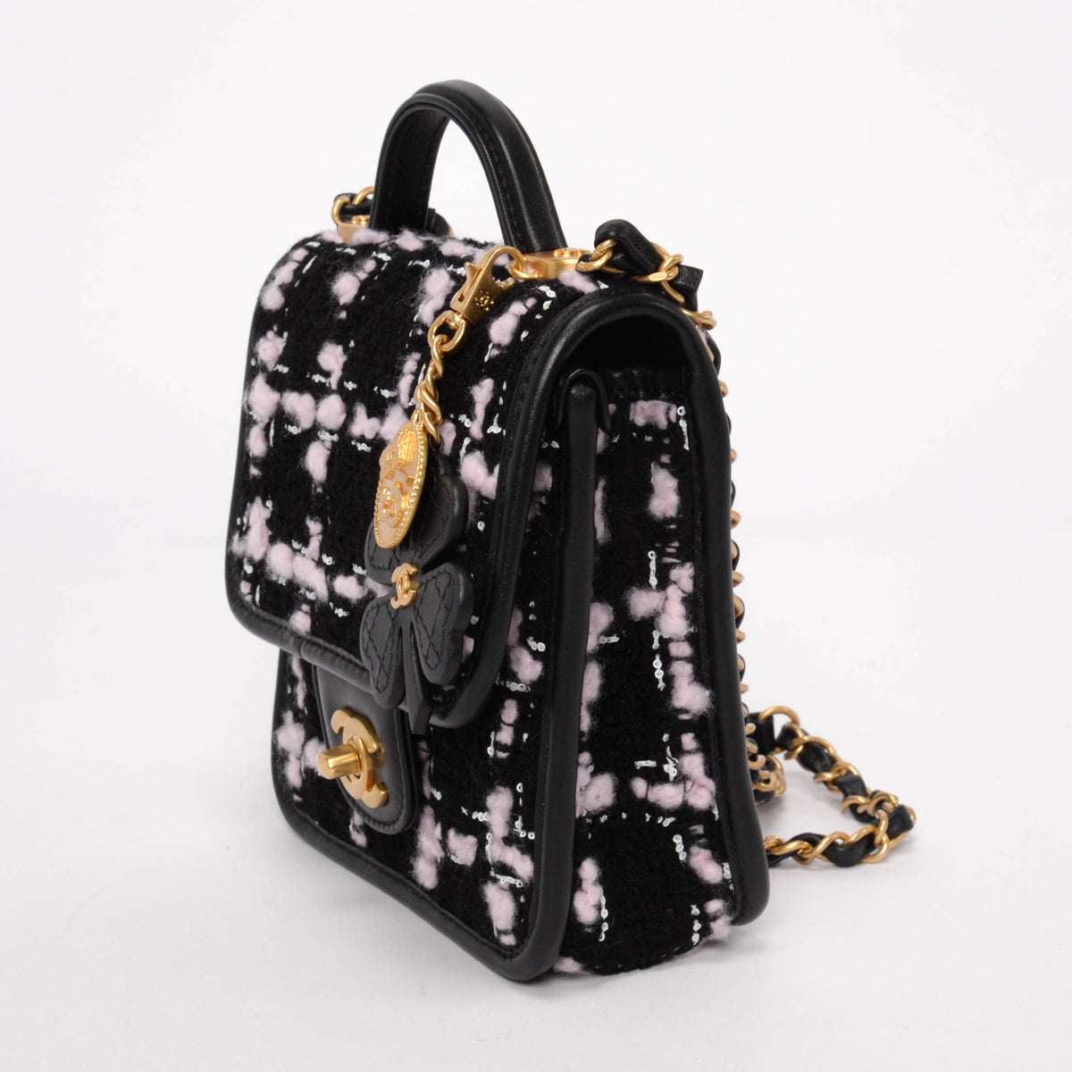 Chanel Black & Pink Tweed Mini Flap Bag with Handle
