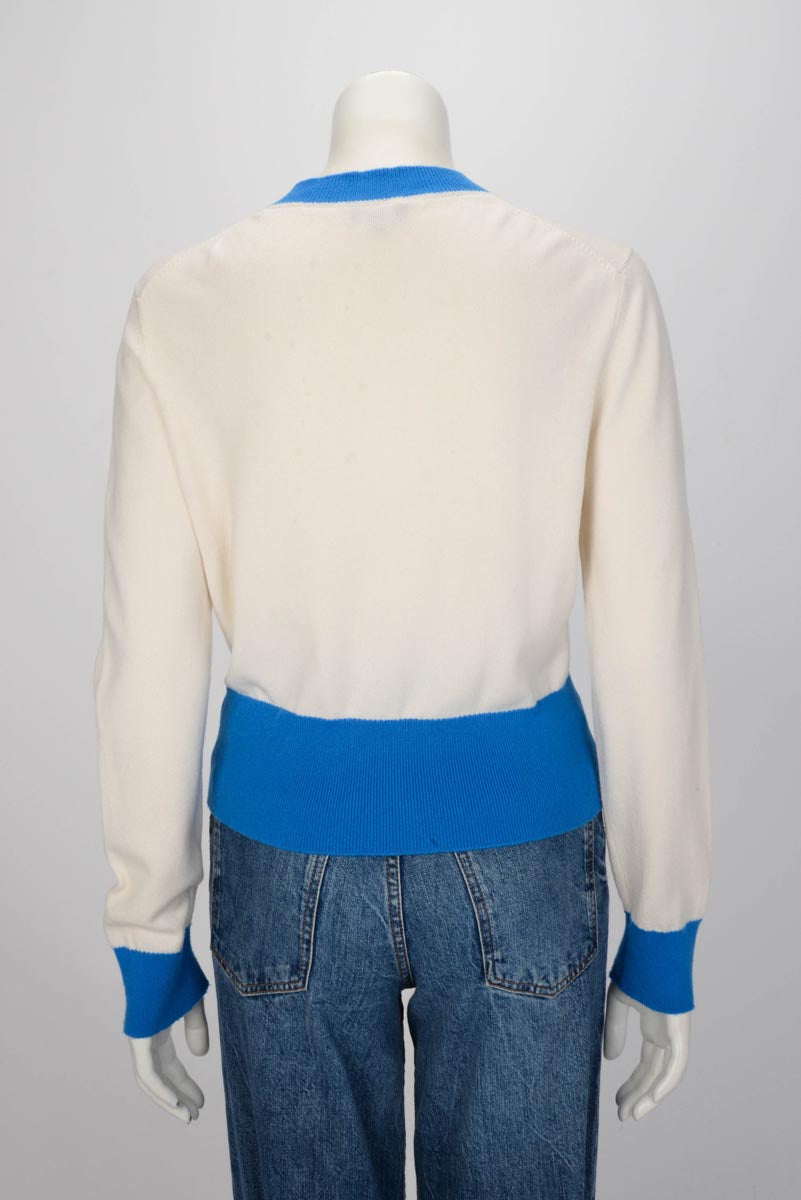 Chanel Cream & Blue Cashmere 19S Logo Cardigan FR 42