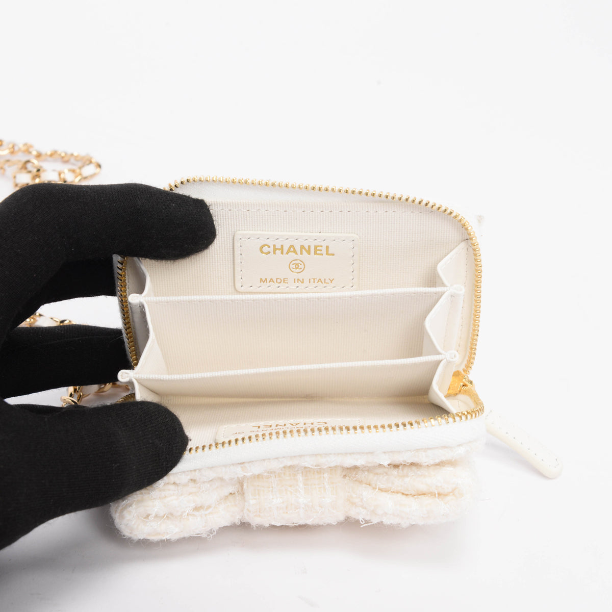 Chanel Cream Tweed CC Bow Card Holder on Chain