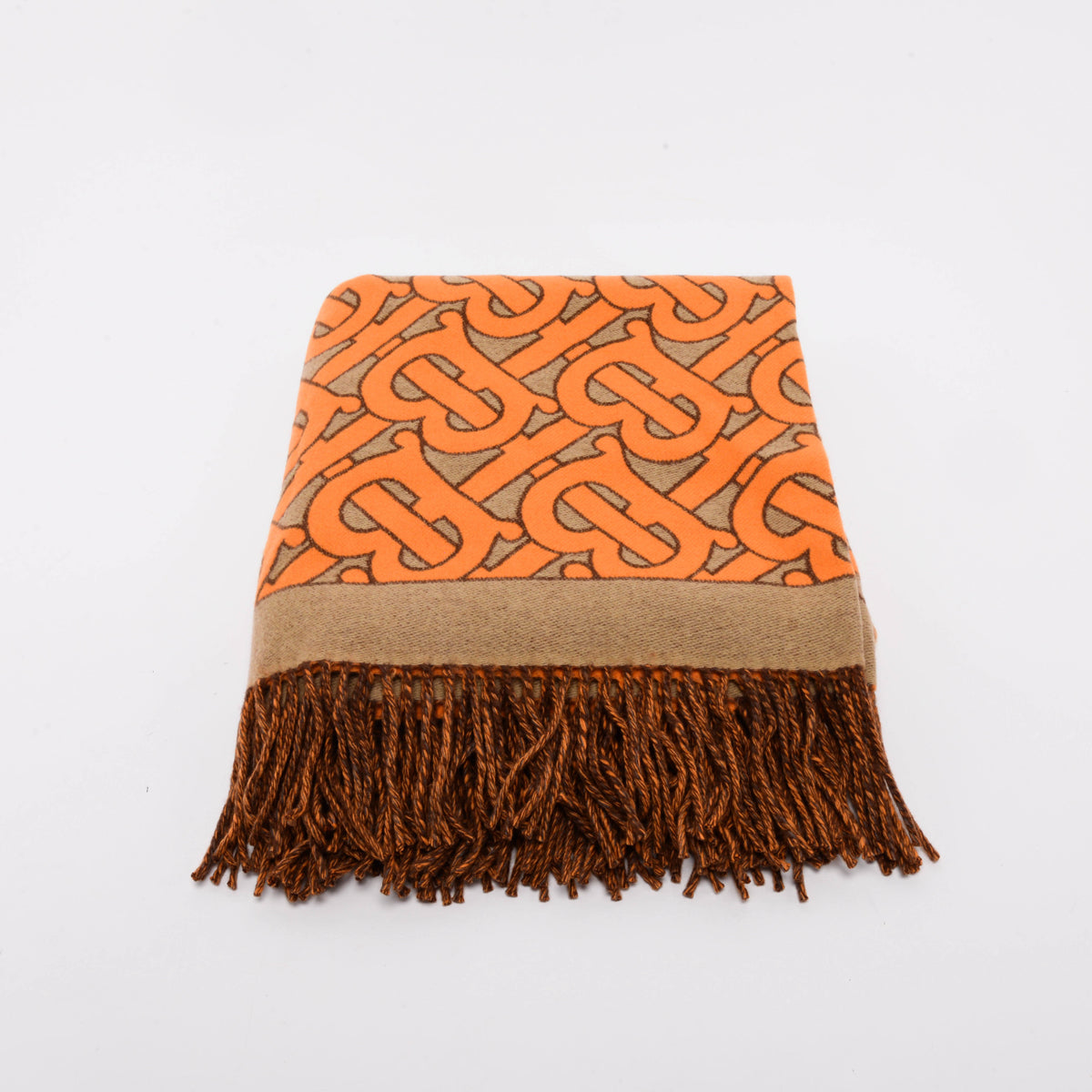 Burberry Orange TB Monogram Wool Fringed Throw