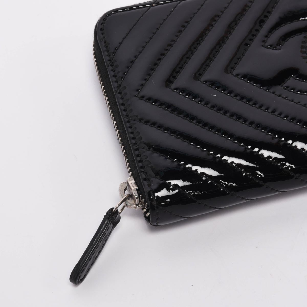 Chanel Black Chevron Patent CC Zip Around Wallet