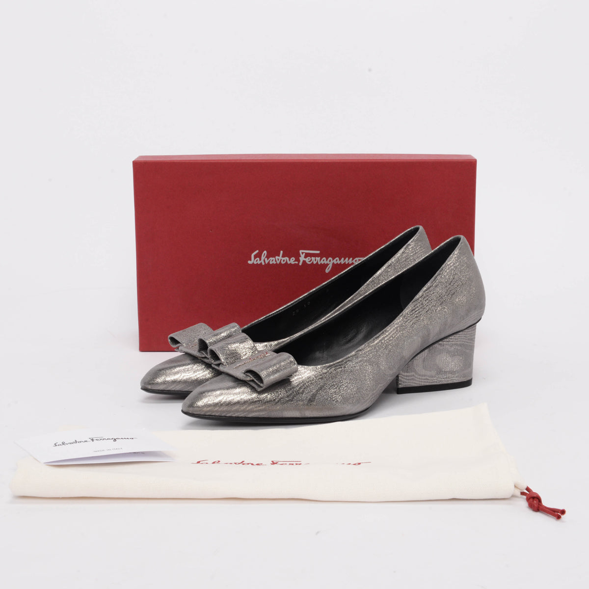 Ferragamo Silver Suede Viva Bow Pumps 10