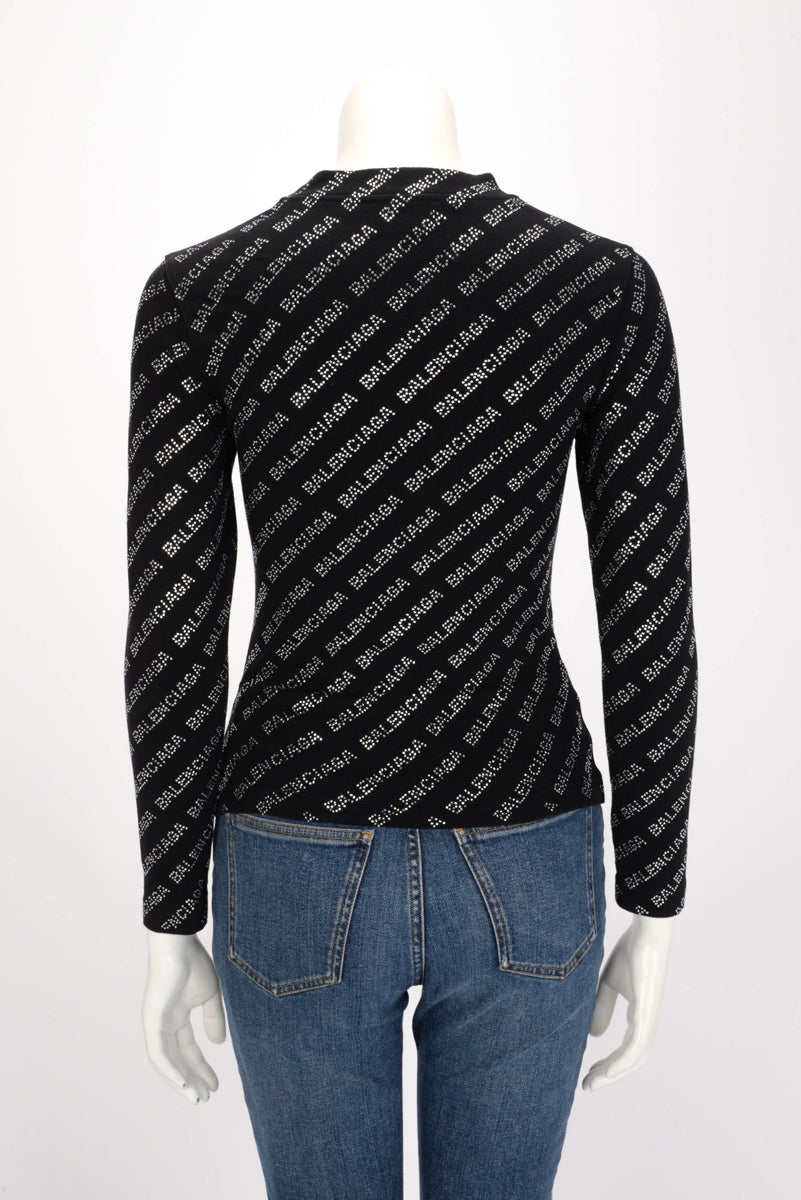 Balenciaga Black Crystal Embellished All Over Logo Top XS