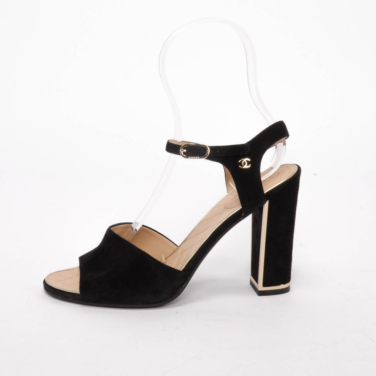 Chanel Black Suede Gold Trim Sandals 40