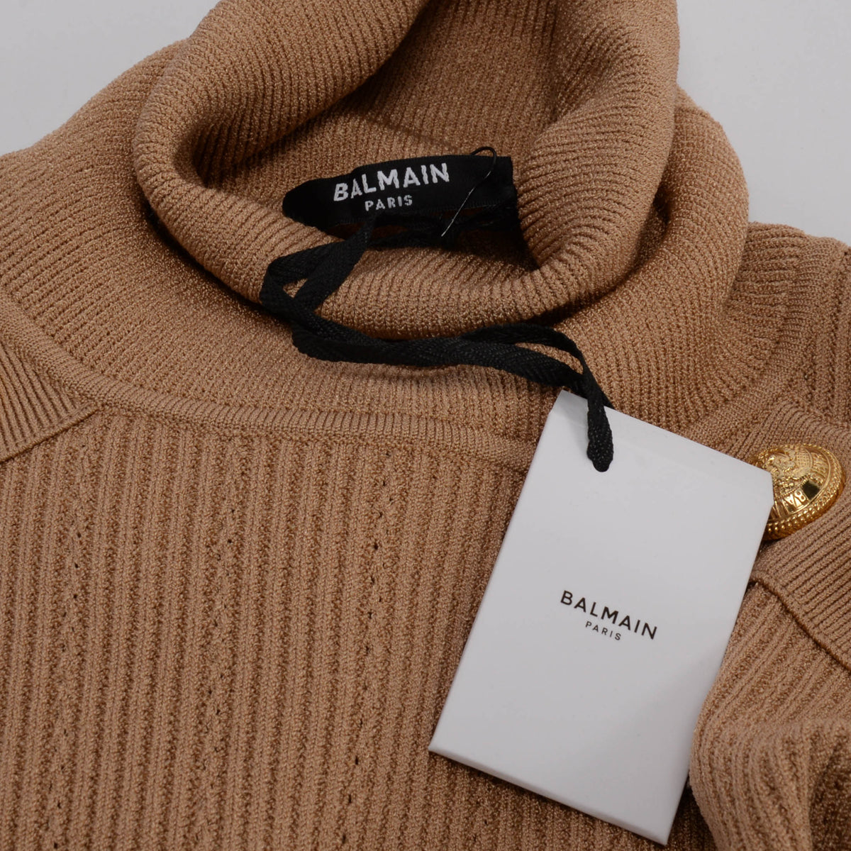 Balmain Bronze Ribbed Structured Shoulder Turtleneck Top FR 38