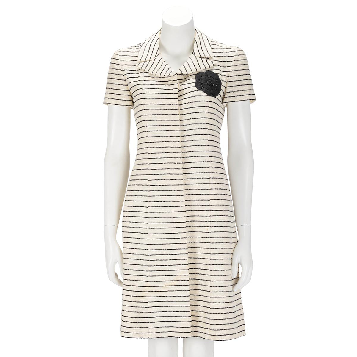 Chanel Black & Cream Striped Camellia Applique Dress FR 38