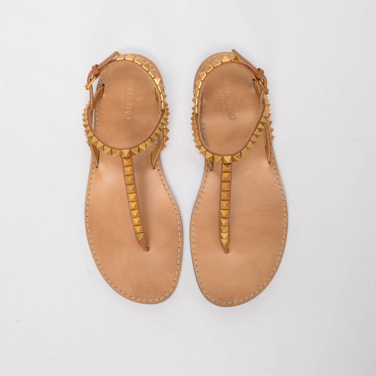 Valentino Tan Leather Rockstud Thong Sandals 38.5