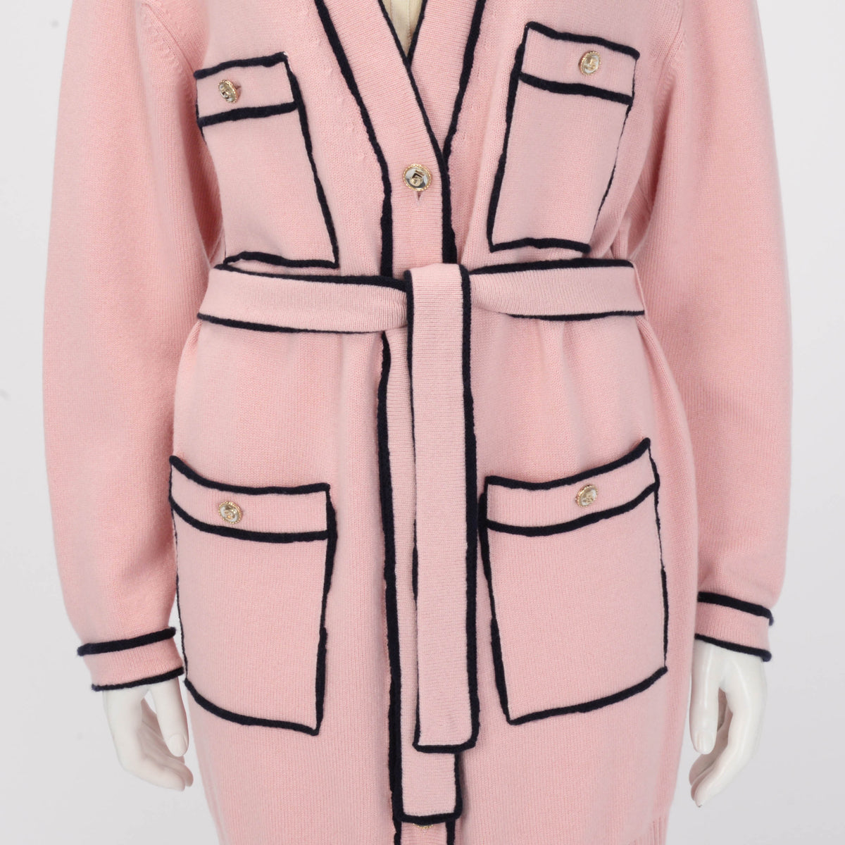 Chanel Pink & Navy Cashmere Knit Belted Long Sleeve Dress FR 40