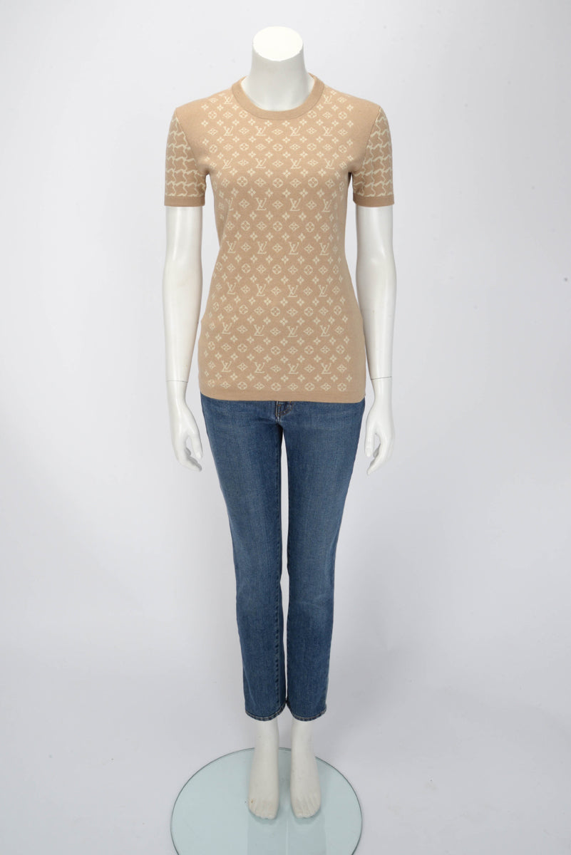 Louis Vuitton Beige Wool Knit Monogram Honeycomb Top S