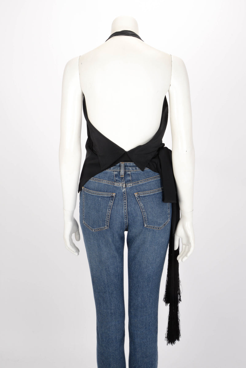 Gucci Black Silk Halter Neck Tassel Top IT 38